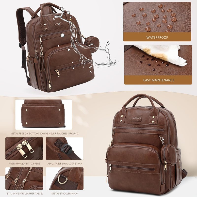ROSEGIN Premium Vegan Leather Diaper Bag Backpack with Waterproof Changing Pad, Reinforced Zippers & Odor-Free,20 Pockets Pro Organizer, Fits 15.6" Laptop, Stroller Straps, Baby Bag for Mom,Dark Brown - Image 5